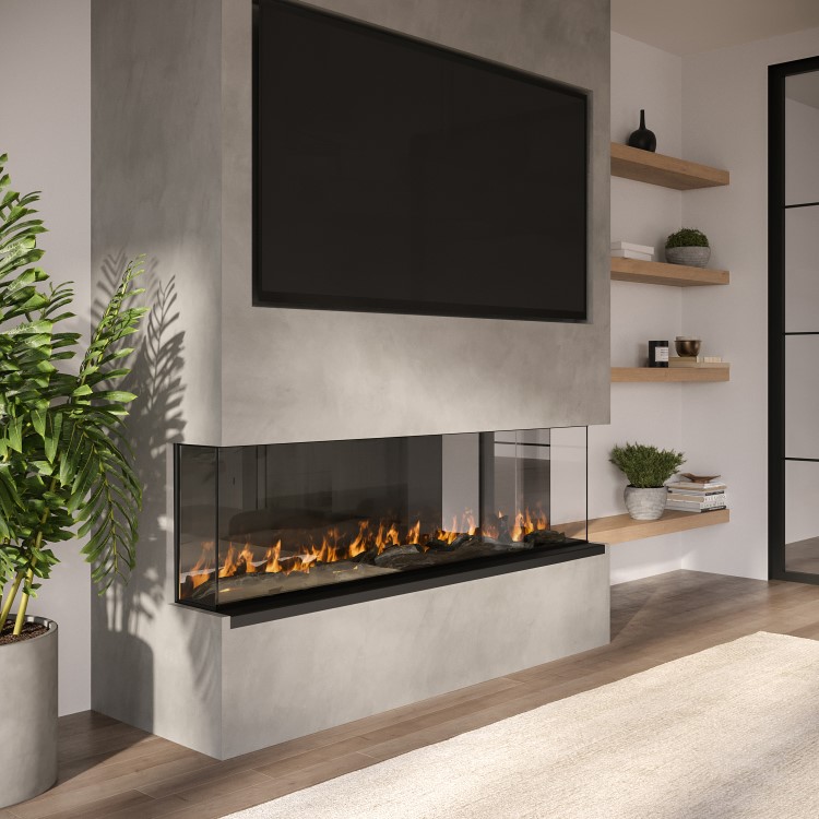 IMPERFECT - Black 50 Inch Inset Media Wall Electric Fireplace with WiFi & Glass Configurated Front and Sides - Amberglo