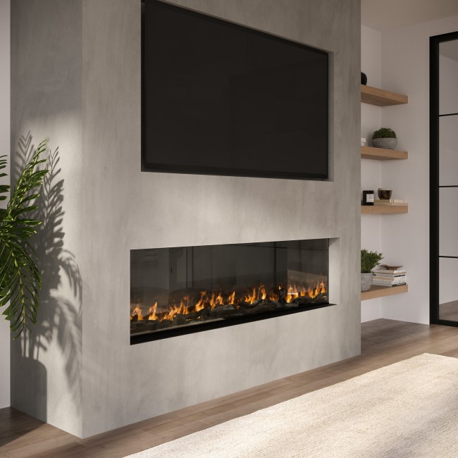 ALMOST PERFECT - Black Inset Media Wall Electric Fireplace with Glass Configurated Front and Sides 50 Inch - Amberglo