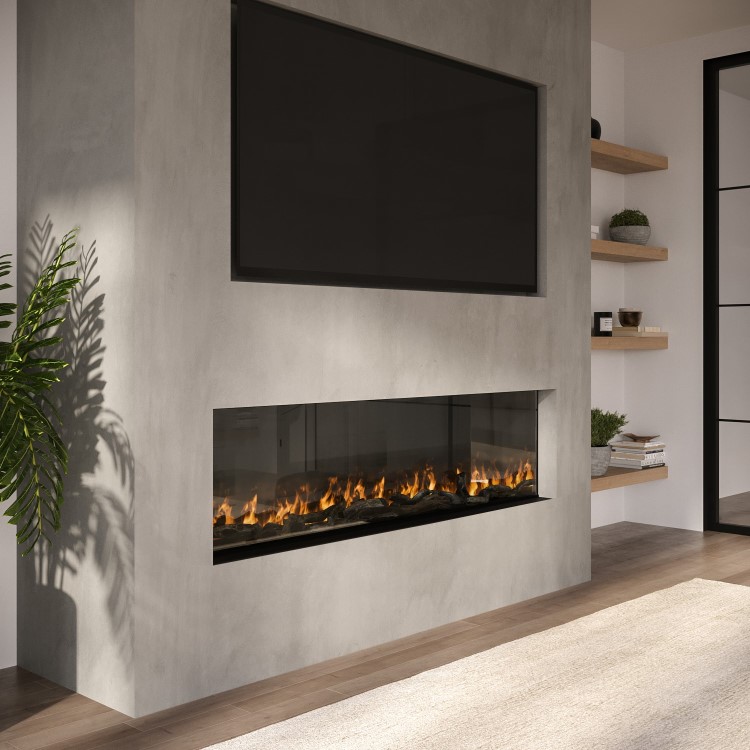 IMPERFECT - Black 50 Inch Inset Media Wall Electric Fireplace with WiFi & Glass Configurated Front and Sides - Amberglo