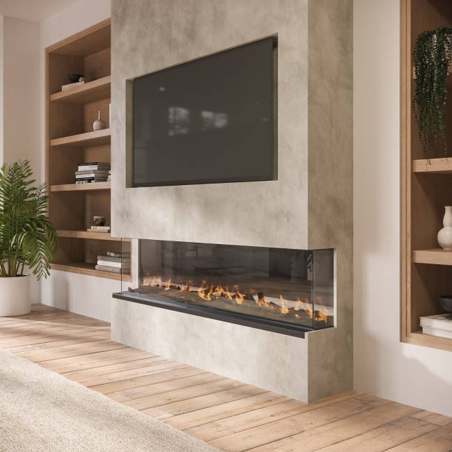 ALMOST PERFECT - Black Inset Media Wall Electric Fireplace with Glass Configurated Front and Sides 60 Inch - Amberglo