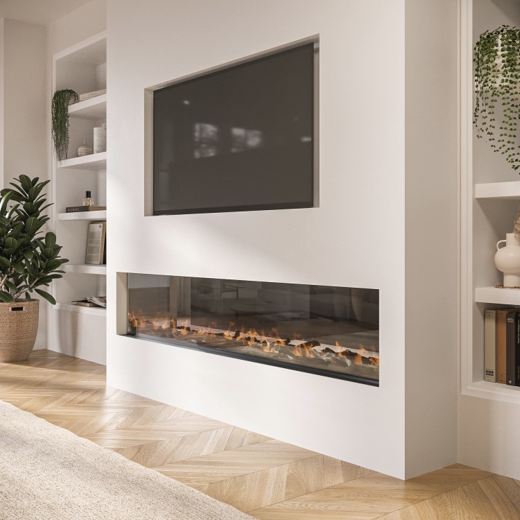 ALMOST PERFECT - Black Inset Media Wall Electric Fireplace with Glass Configurated Front and Sides 70 Inch - Amberglo