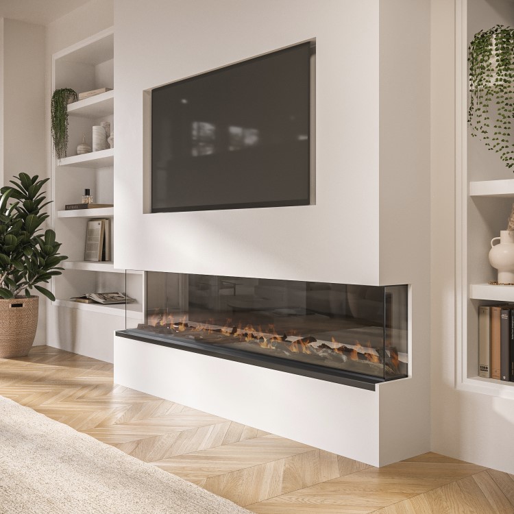 ALMOST PERFECT - Black Inset Media Wall Electric Fireplace with Glass Configurated Front and Sides 70 Inch - Amberglo