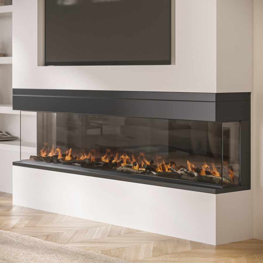 IMPERFECT - Black 70 Inch Inset Media Wall Electric Fireplace with Glass Configurated Front and Sides - Amberglo