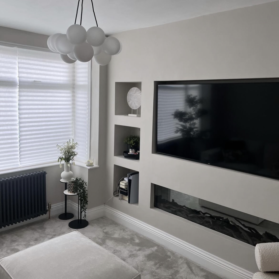 IMPERFECT - Black 70 Inch Inset Media Wall Electric Fireplace with Glass Configurated Front and Sides - Amberglo