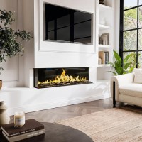 Amberglo Black Inset 60" LCD Real Flame Effect Media Wall Electric Fireplace with Glass Front and Sides