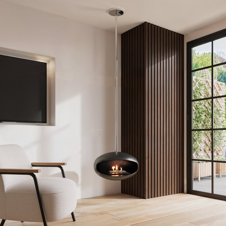 Oval Ceiling Hanging Bioethanol Fire in Matte Black - AmberGlo 