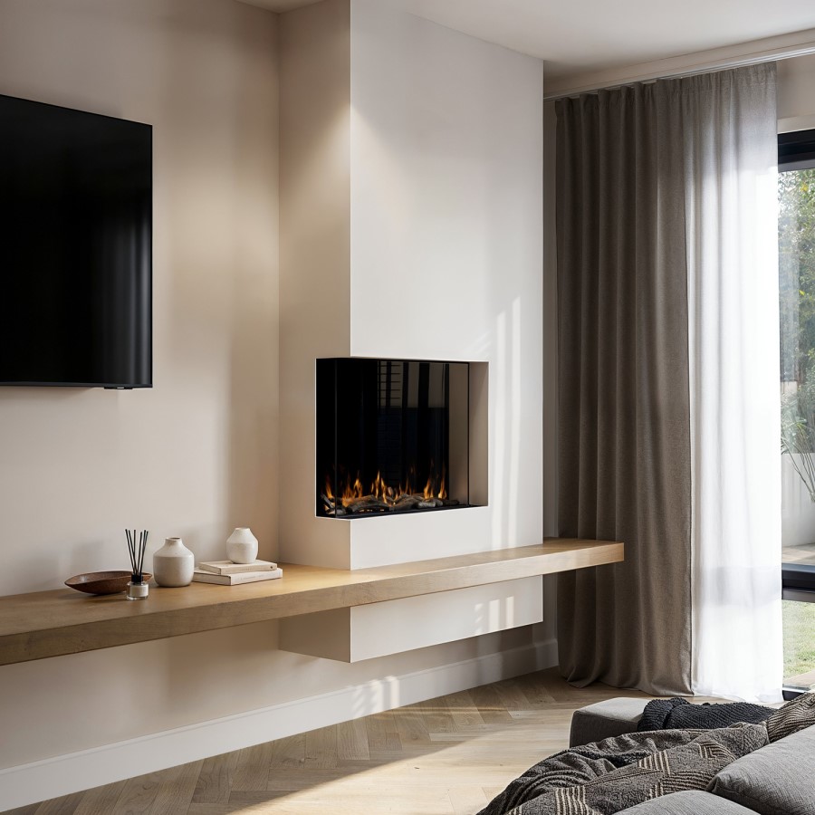 Black 3-Sided Inset Electric Media Wall Smart Fire - 30 Inch - AmberGlo