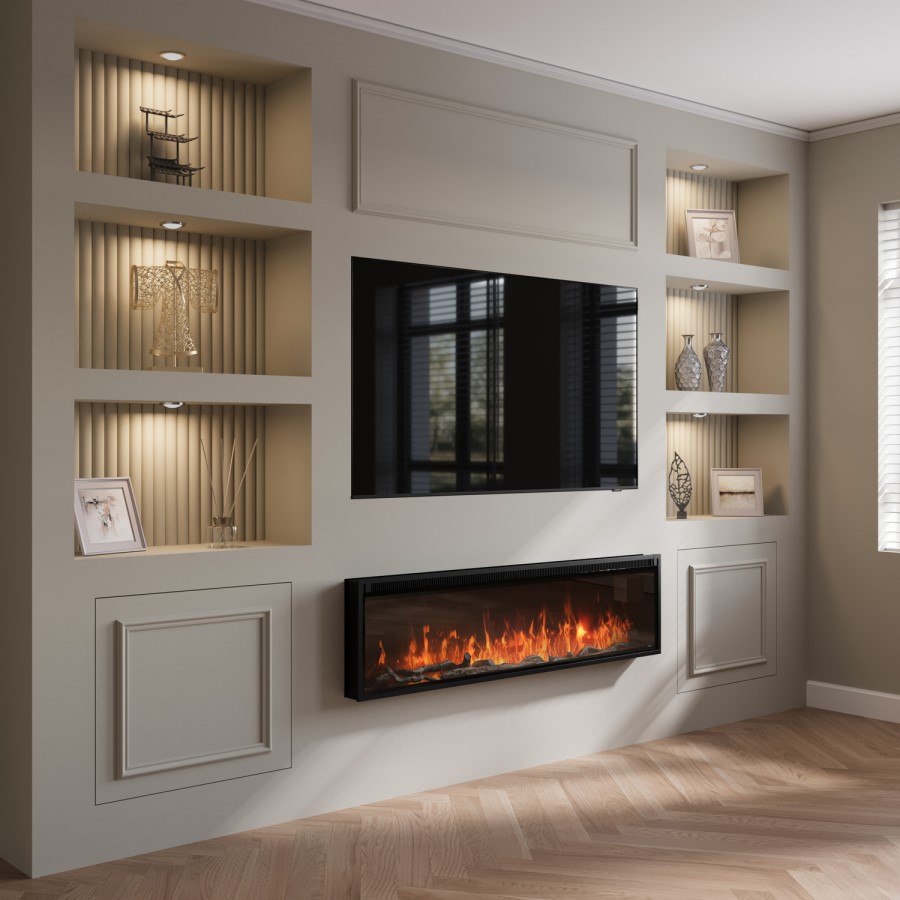 Black Slimline Inset Electric Media Wall Smart Fire Place - 60 Inch - AmberGlo