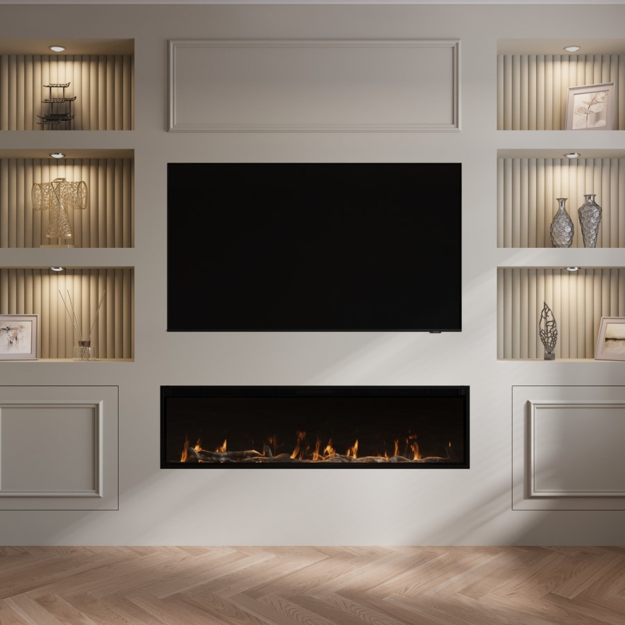 Black Slimline Inset Electric Media Wall Smart Fire - 60 Inch - AmberGlo
