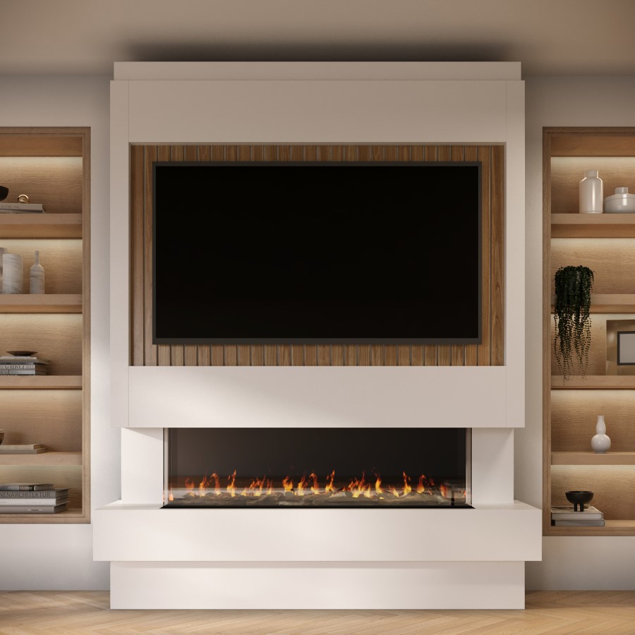 Pre-Built Paintable Media Wall with Inset Electric Smart Fire - AmberGlo