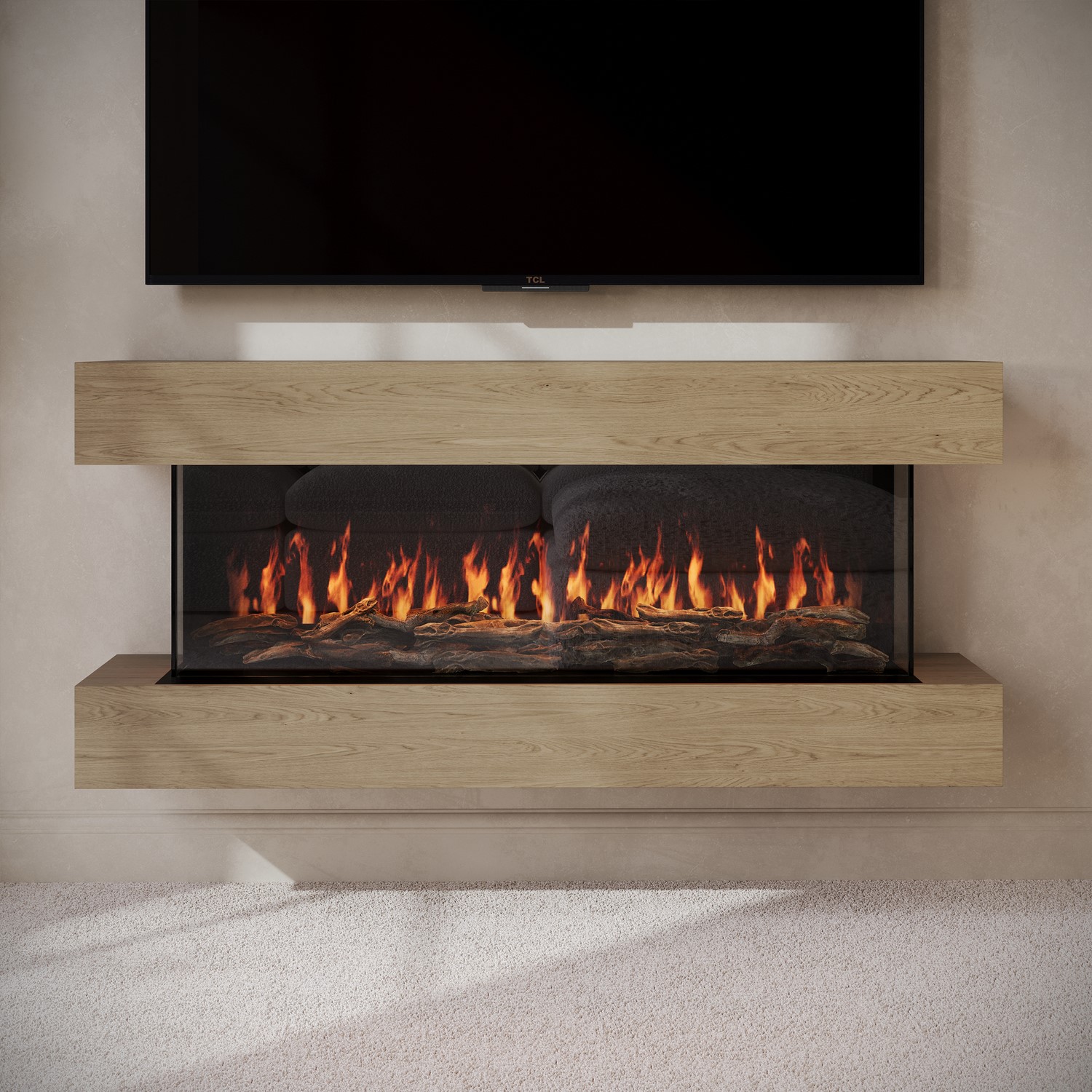 10+ 3 Sided Electric Fireplace Oak Media Wall Mounted 3-Sided Electric Fireplace with Logs - 55 inch