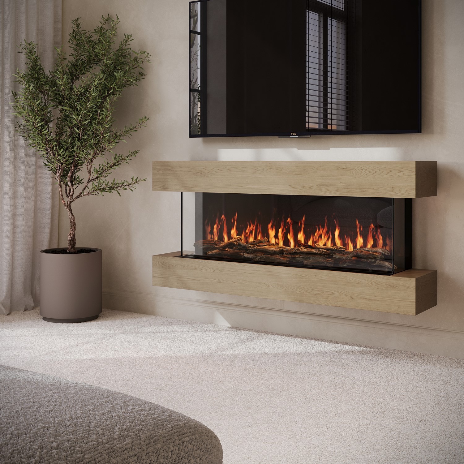 10+ 3 Sided Electric Fireplace Oak Media Wall Mounted 3-Sided Electric Fireplace with Logs - 55 inch