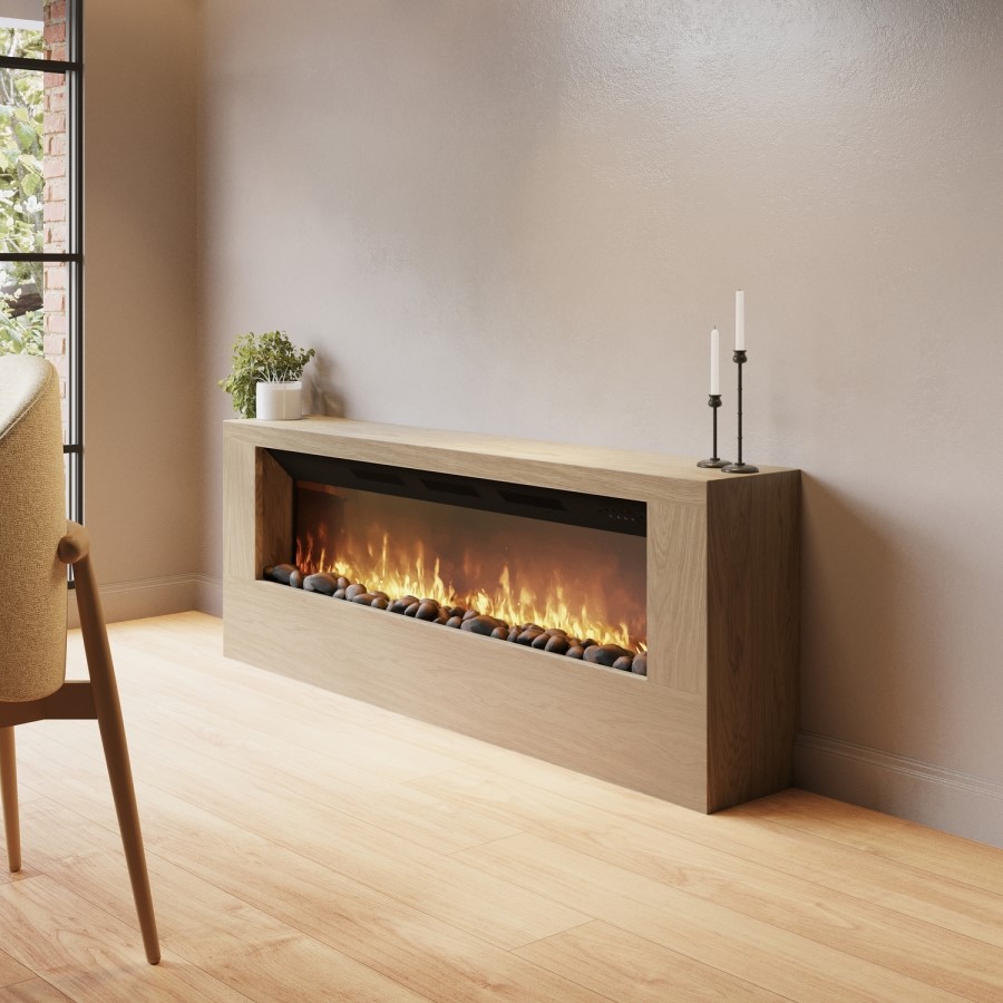 Wall-Mounted Electric Fire with Oak Surround and Remote Control - 60 Inch - AmberGlo
