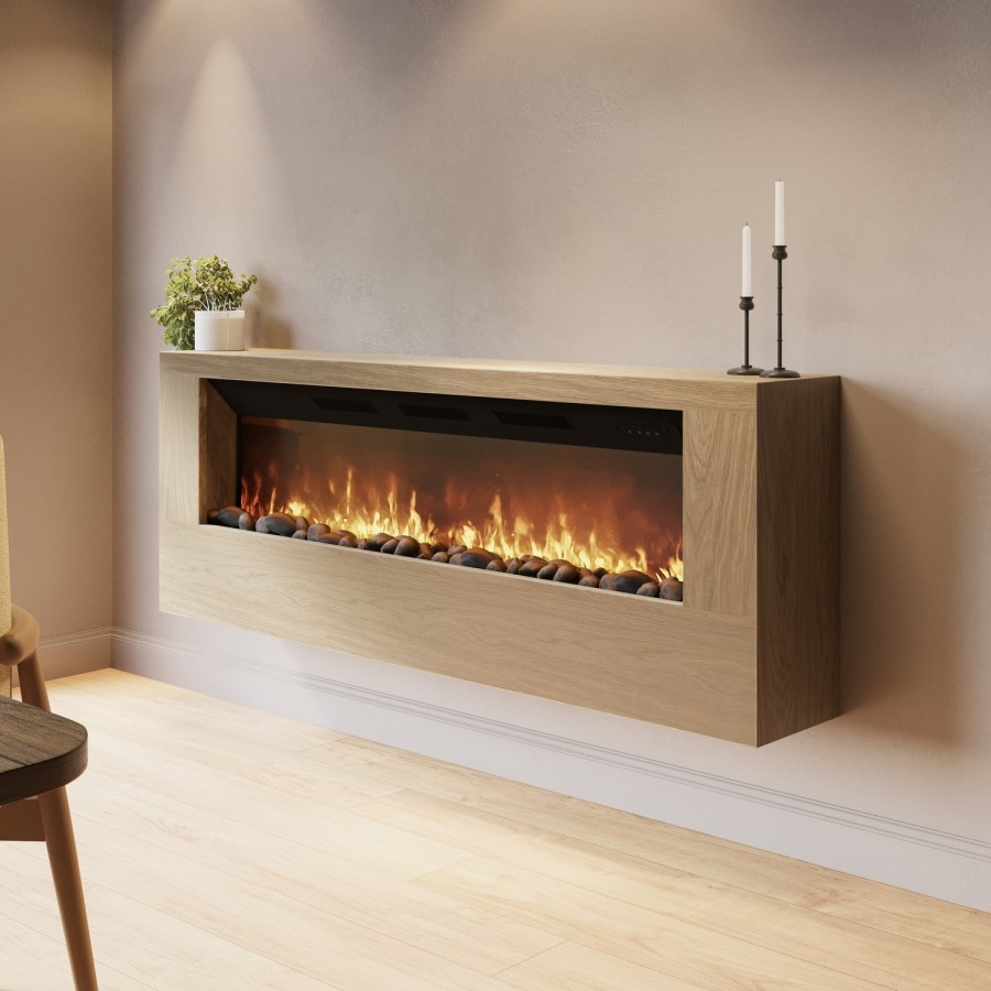 Wall-Mounted Electric Fire with Oak Surround and Remote Control - 60 Inch - AmberGlo