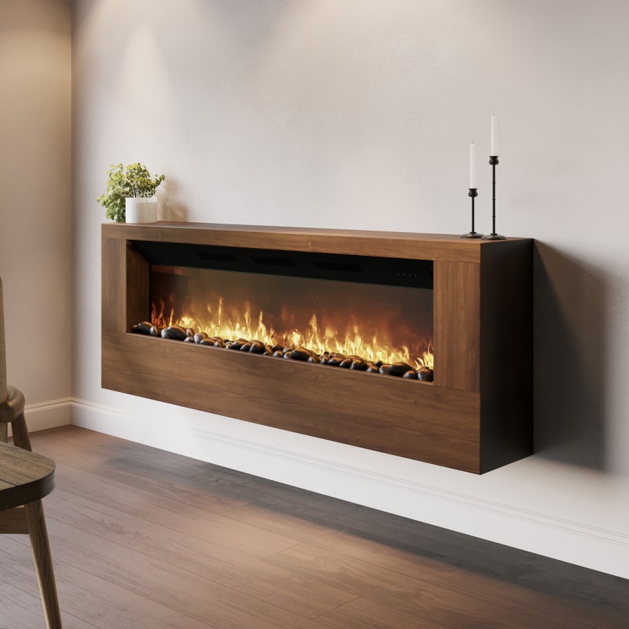 Wall-Mounted Electric Fire with Walnut Surround - 60 Inch - AmberGlo