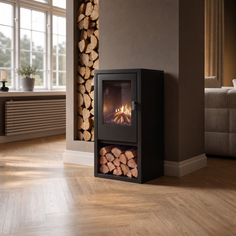 Black Flueless Electric Log Burner Effect Stove with Log Store - AmberGlo