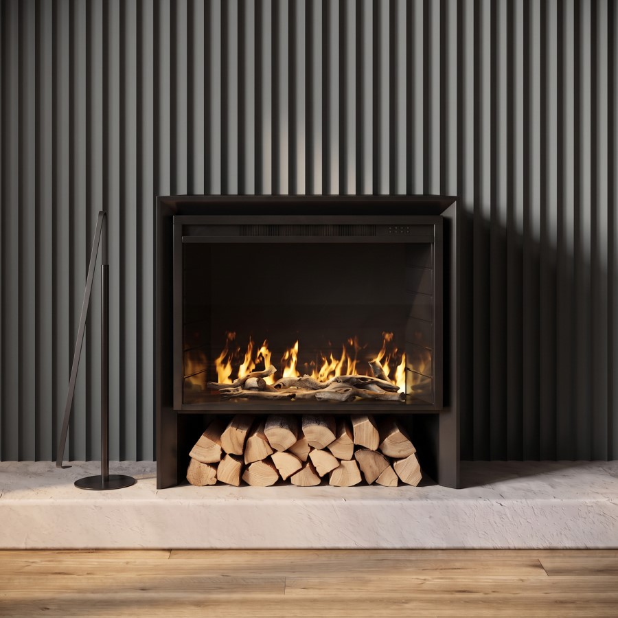 Freestanding Flueless Black Electric Fire with Log Store - AmberGlo