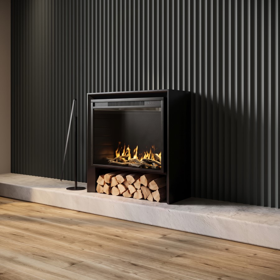 Freestanding Flueless Black Electric Fire with Log Store - AmberGlo