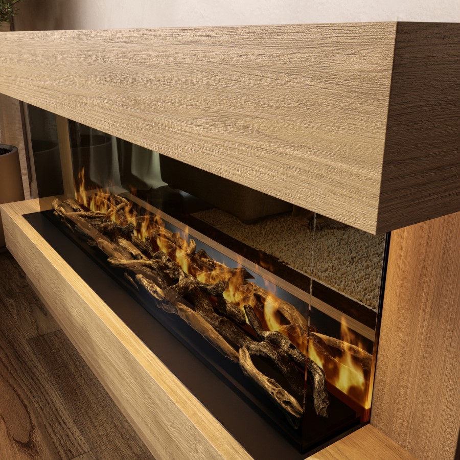 Freestanding Oak 3-Sided Electric Fire with Logs - 60 Inch - AmberGlo