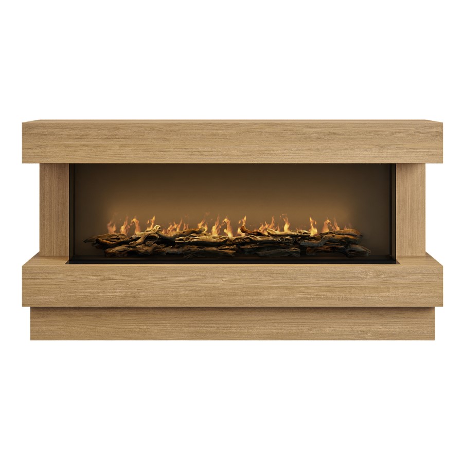 Freestanding Oak 3-Sided Electric Fire with Logs - 60 Inch - AmberGlo