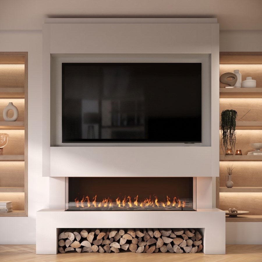 Self Build Media Wall with 3-Sided 50 inch Electric Smart Fireplace with Log Store - AmberGlo