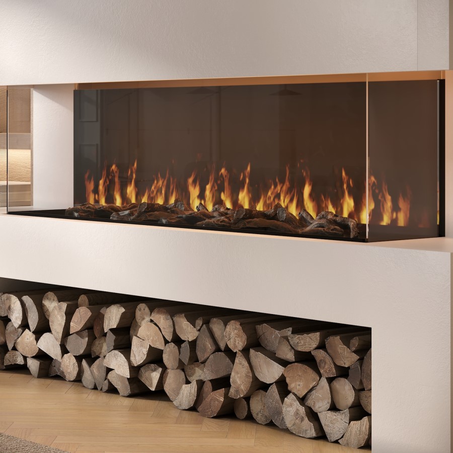 Self Build Media Wall with 3-Sided 50 inch Electric Smart Fireplace with Log Store - AmberGlo