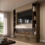 Self Build Walnut Media Wall with Black 3-Sided Inset Electric Fireplace with Shelving - 50 Inch - AmberGlo