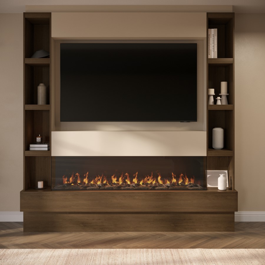 Self Build Walnut Media Wall with Black 3-Sided Inset Electric Fireplace with Shelving - 50 Inch - AmberGlo
