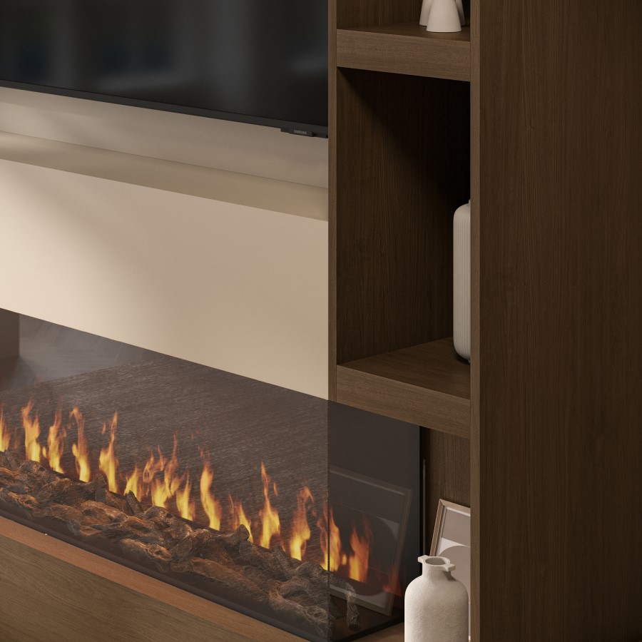 Self Build Walnut Media Wall with Black 3-Sided Inset Electric Fireplace with Shelving - 50 Inch - AmberGlo