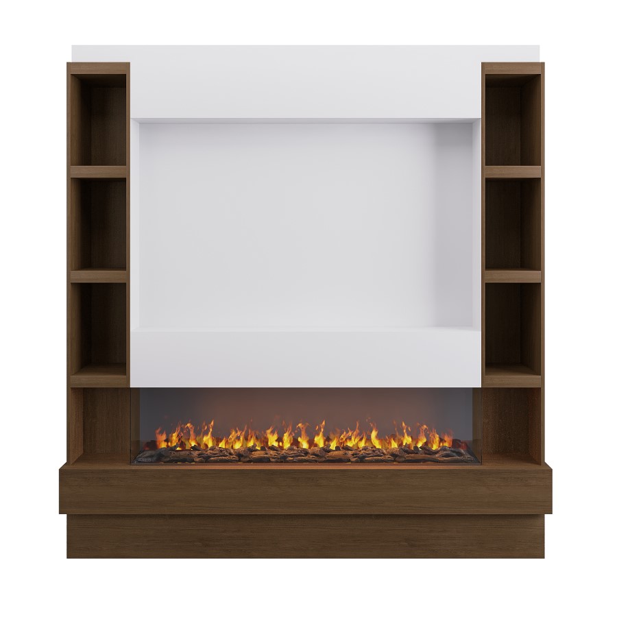 Self Build Walnut Media Wall with Black 3-Sided Inset Electric Fireplace with Shelving - 50 Inch - AmberGlo