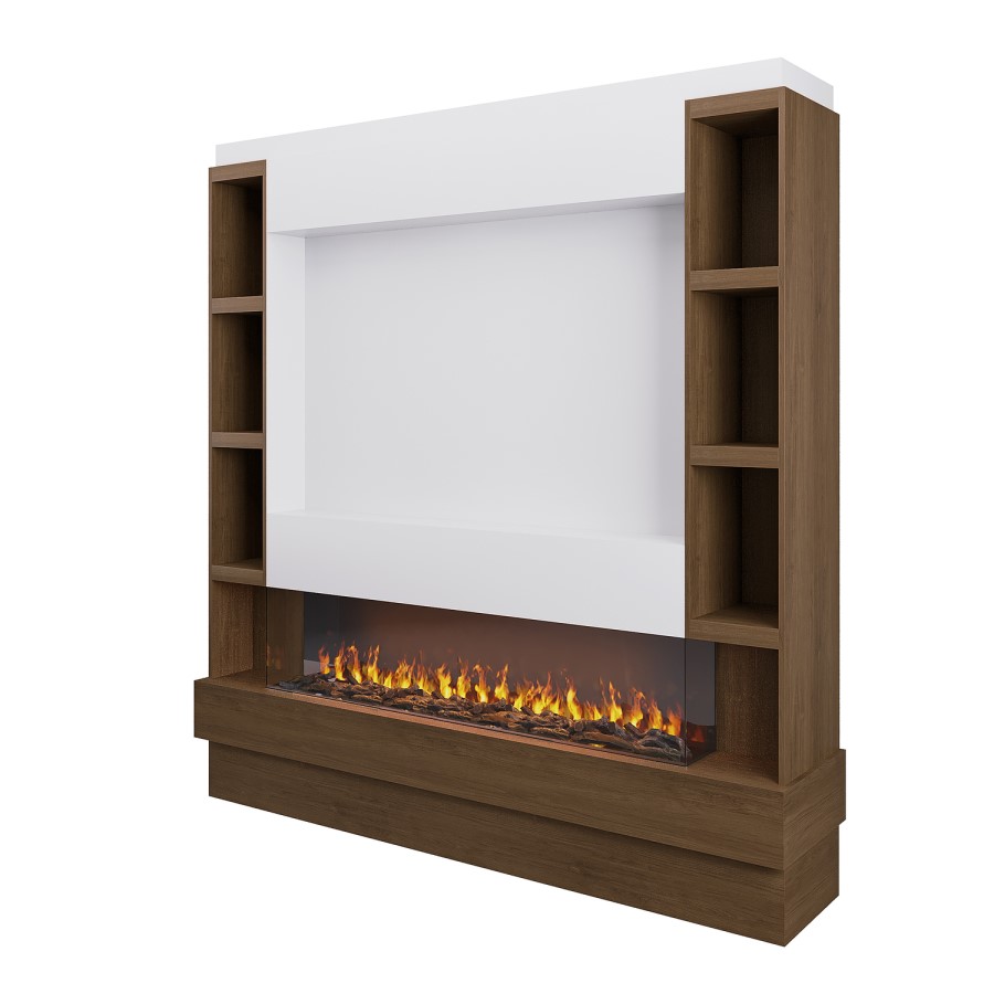 Self Build Walnut Media Wall with Black 3-Sided Inset Electric Fireplace with Shelving - 50 Inch - AmberGlo