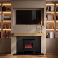 Self Build Media Wall with Oak Beam and Electric Log Burner-Style Smart Stove - AmberGlo