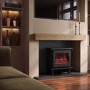 Self Build Media Wall with Oak Beam and Electric Log Burner-Style Smart Stove - AmberGlo
