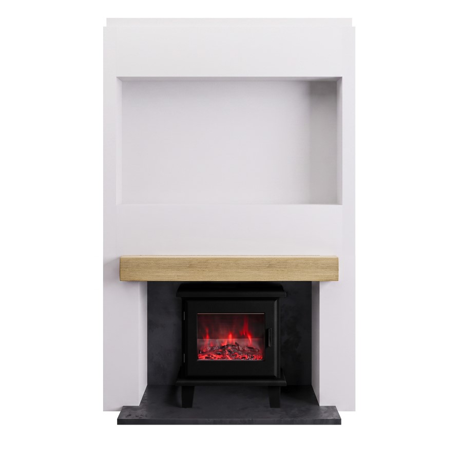 Self Build Media Wall with Oak Beam and Electric Log Burner-Style Smart Stove - AmberGlo