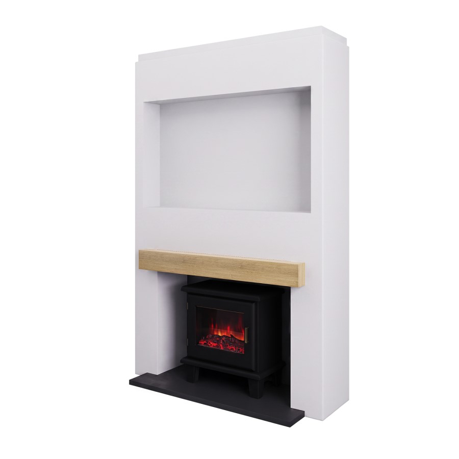 Self Build Media Wall with Oak Beam and Electric Log Burner-Style Smart Stove - AmberGlo