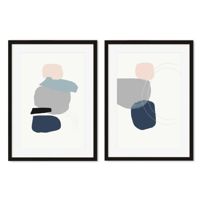 Blue & Grey Abstract Shapes Set of 2 Wood Framed Prints - Abstract House