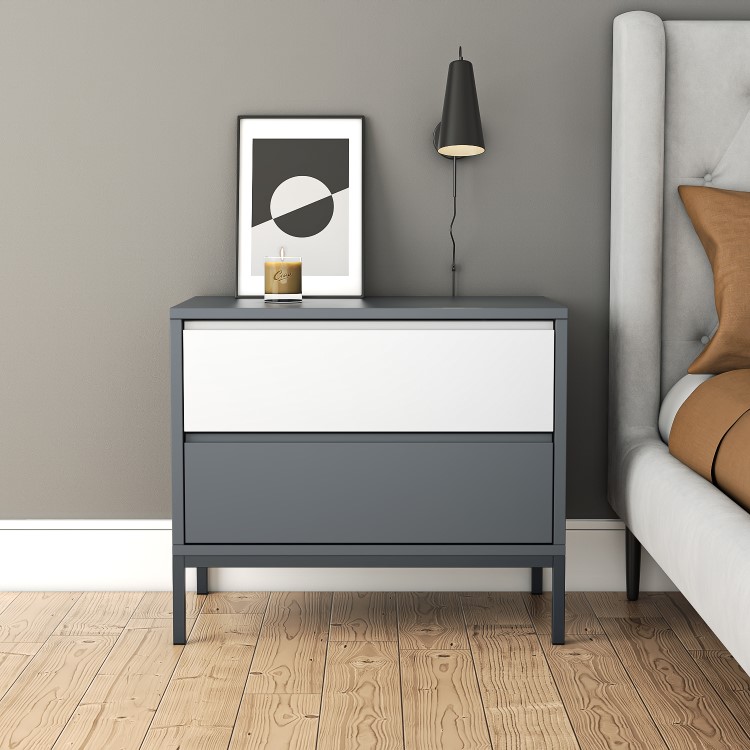 Grey Retro Wide 2 Drawer Bedside Table - Aiko