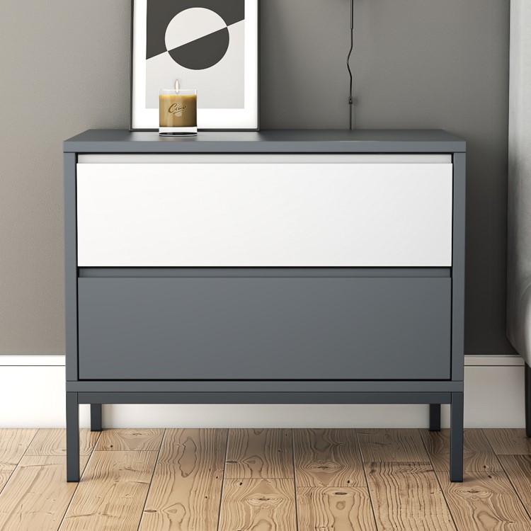 Grey Retro Wide 2 Drawer Bedside Table - Aiko