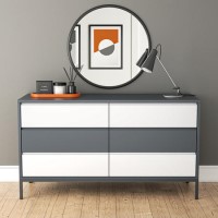Wide Grey Retro Chest of 6 Drawers with Legs - Aiko