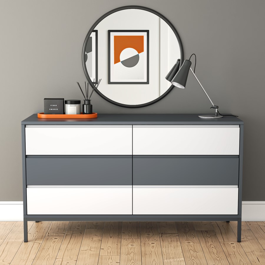 Wide Grey Retro Chest of 6 Drawers with Legs - Aiko