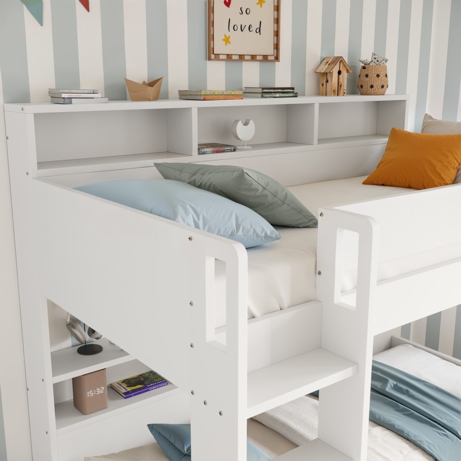 White Bunk Bed with Storage Shelves - Aire