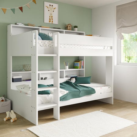 White Bunk Bed With Storage Shelves - Aire - Furniture123