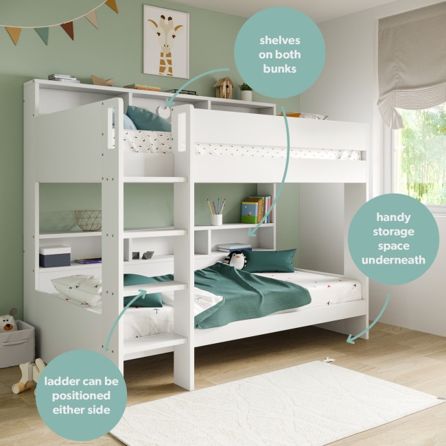 White Bunk Bed with Storage Shelves - Aire