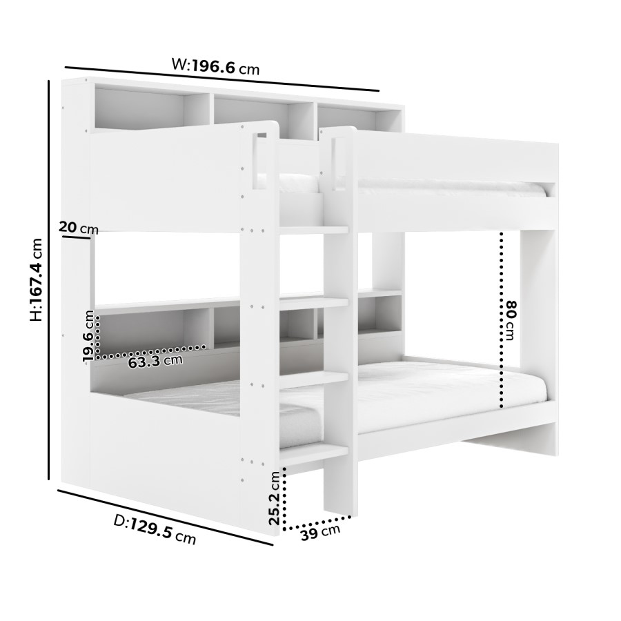 GRADE A1 - White Bunk Bed with Storage Shelves - Aire