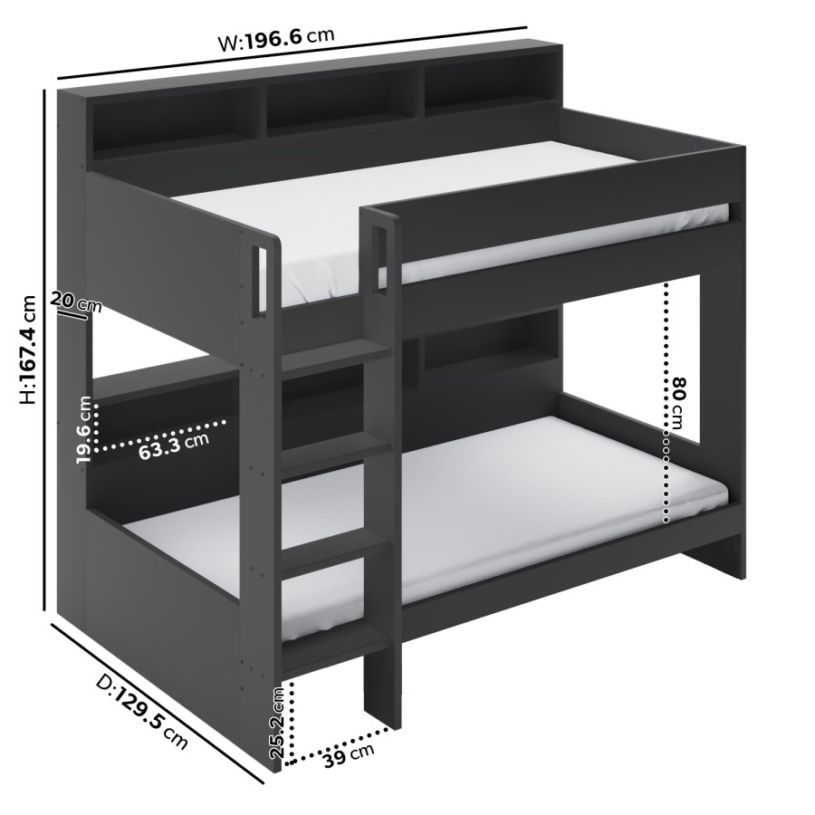 GRADE A1 - Grey Bunk Bed with Storage Shelves - Aire