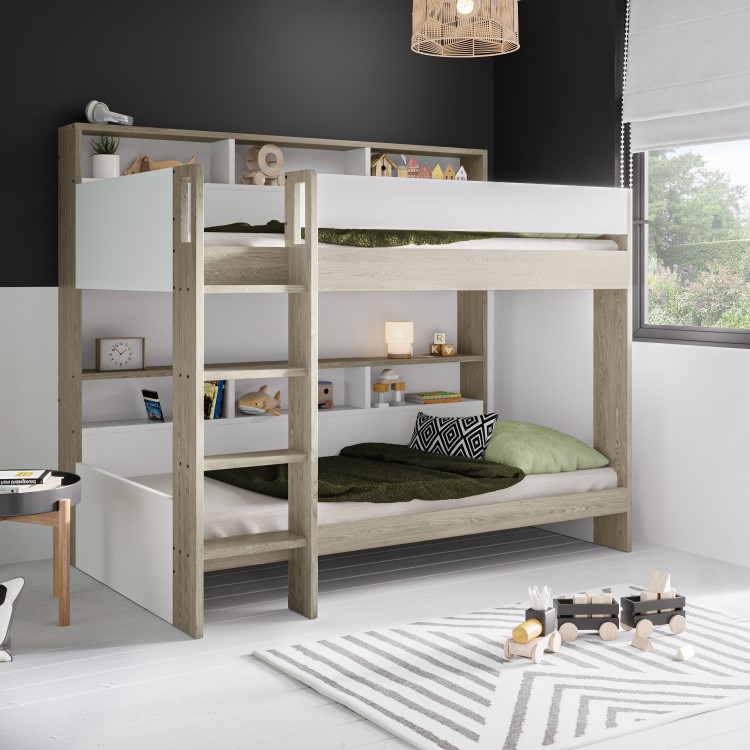 White and Oak Bunk Bed with Storage Shelves - Aire