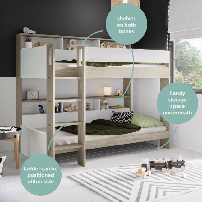 White and Oak Bunk Bed with Storage Shelves - Aire