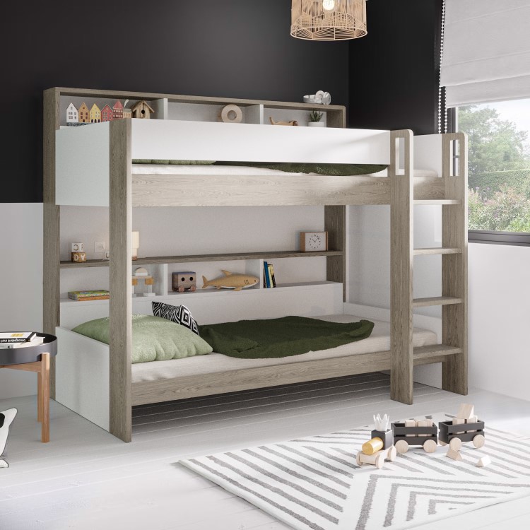 White and Oak Bunk Bed with Storage Shelves - Aire