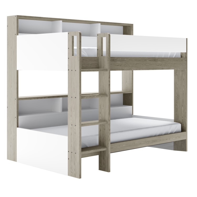 White and Oak Bunk Bed with Storage Shelves - Aire