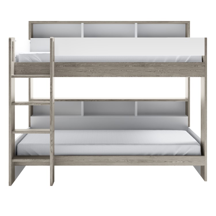 White and Oak Bunk Bed with Storage Shelves - Aire